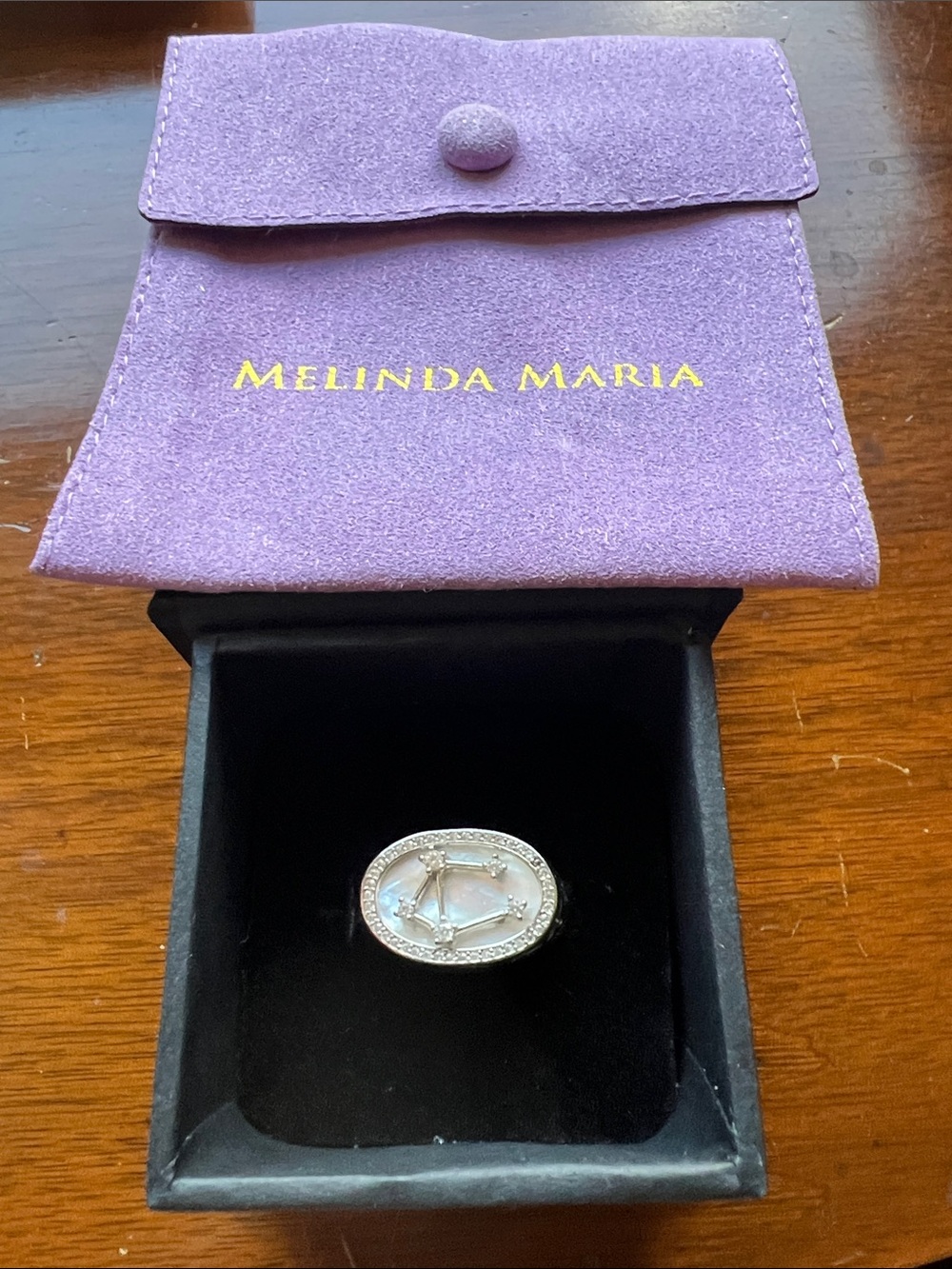 Melinda Maria Silver Mother‑of‑Pearl Zodiac Ring with Sparkling Halo